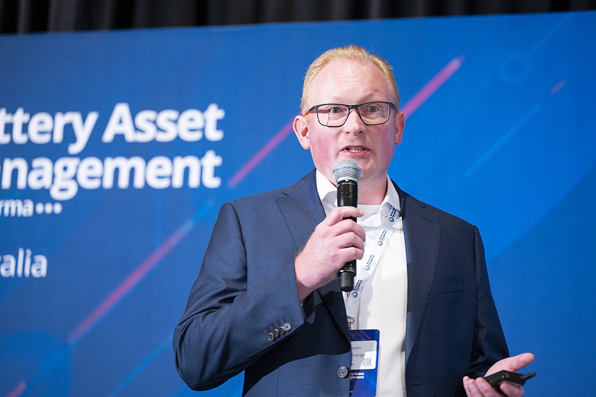 Jorn Baayen presenting Superior Event Value Capture on stage at the Battery Asset Management Summit Australia 2026 in Sydney