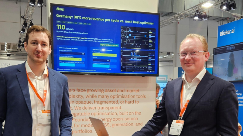 Tjerk (left) and Jorn (right) at the PortfolioEnergy booth at E-World 2026